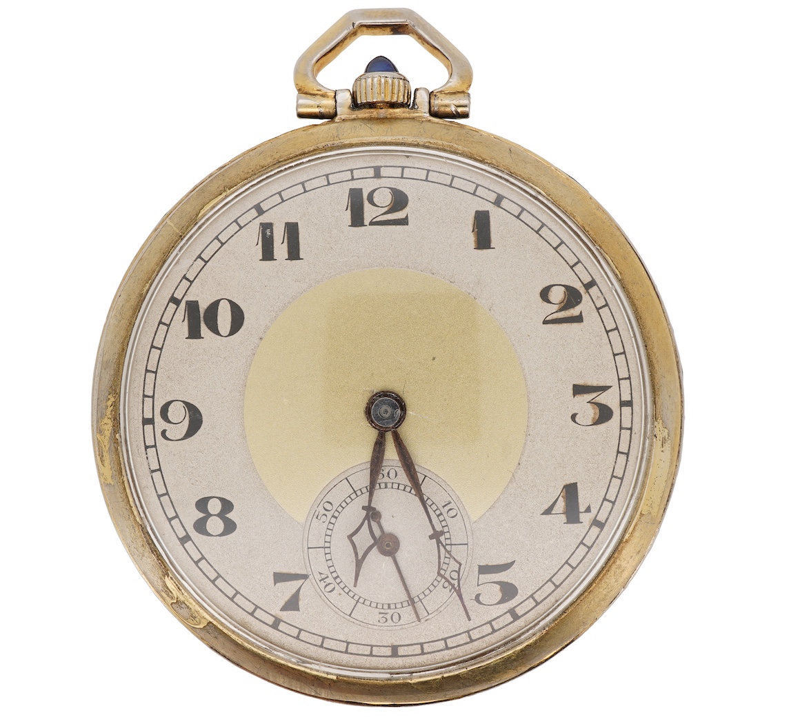 A French Art Deco parcel gilt white metal open faced dress pocket watch, with synthetic sapphire set border and winding crown
